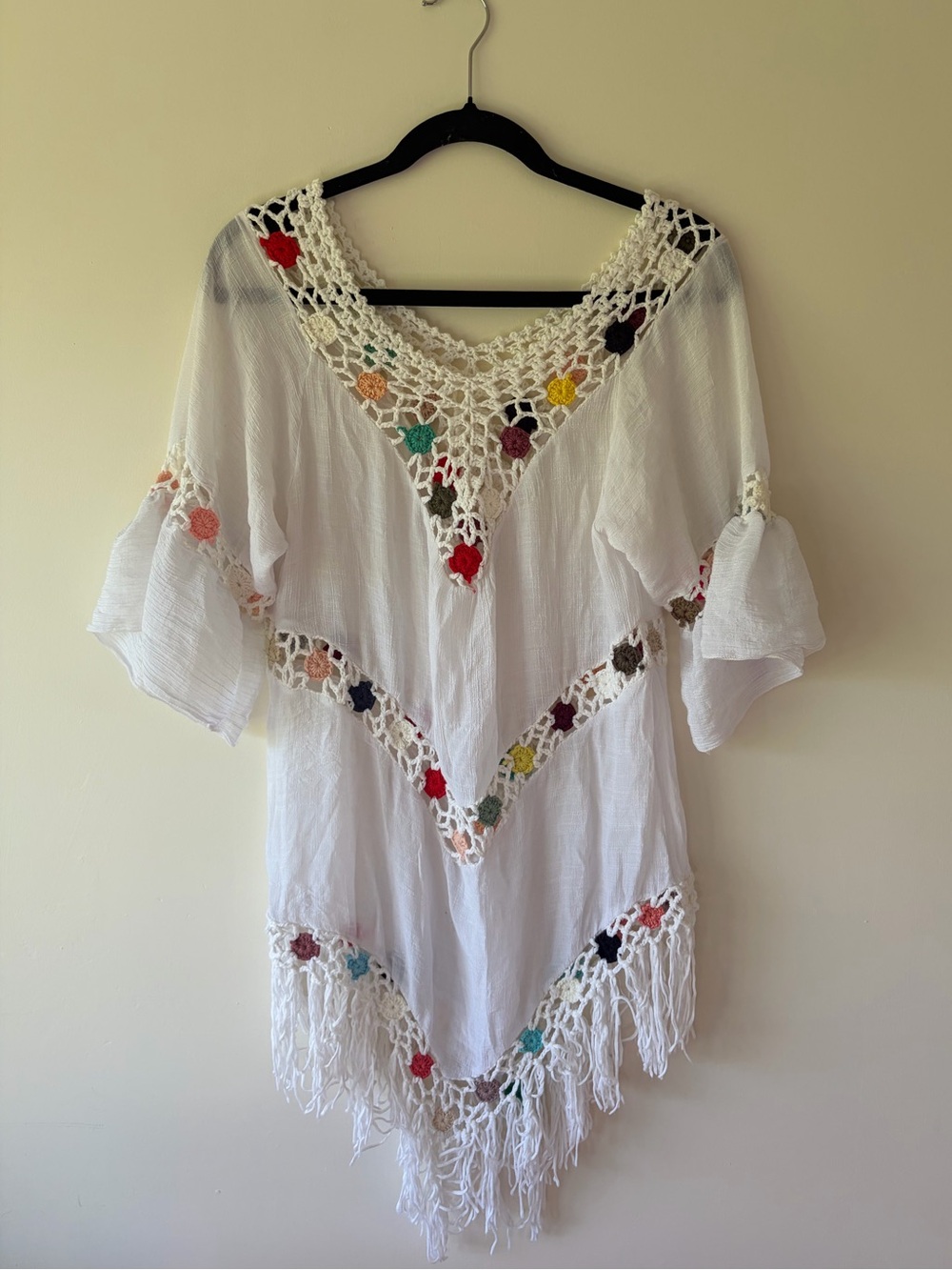 White Crochet-Trim Swim Coverup with Multicolor Accents